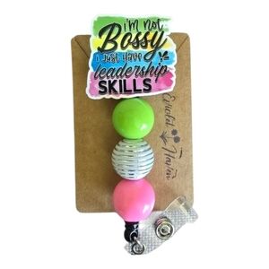 Bossy Leadership Skills Blue Pink Beaded Retractable Name Badge ID Reel Holder